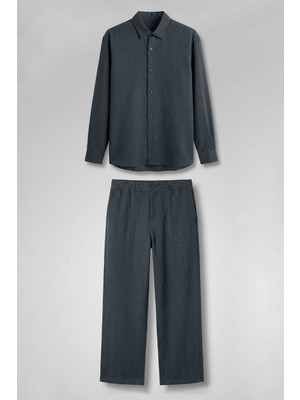 Abluka Online Erkek Baggy Çizgili %100 Pamuk Gömlek Pantolon Ikili Takım Antrasit
