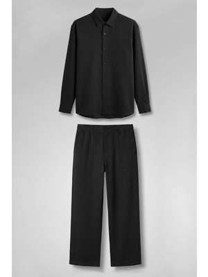 Abluka Online Erkek Baggy Çizgili %100 Pamuk Gömlek Pantolon Ikili Takım Siyah