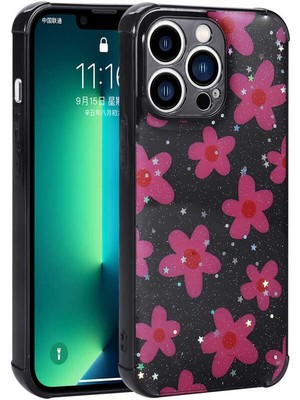 iPhone 13 Pro Max Kılıf Simli Desenli Kamera Korumalı Parlak Ydst Popy Kapak-Çiçek