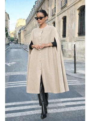 Comstar Kadın Günlük Kolsuz Bol Krem Kaşe Panço