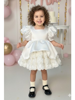 Bertuğ Bebek Kırık Beyaz Güllü Saten Kabarık Kız Çocuk Bebek Abiye Elbise