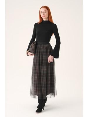 Rays Kahve Ecose Desen Tüllü Etek 8468A