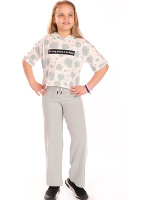 Toontoy Kız Çocuk 2'li Takım Baskılı Kısa Kollu Kapüşonlu Sweatshirt & Beli Lastikli Yanı Bantlı Bol Paça Eşofman Altı - 30/1 Penye