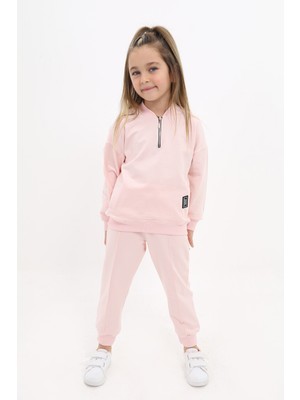 Toontoy Kız Çocuk 2'li Takım Baskılı Kolej Yaka Fermuarlı Cepli Sweatshirt & Beli Paçası Ribanalı Jogger Eşofman Altı - Nervürlü & 2 Iplik