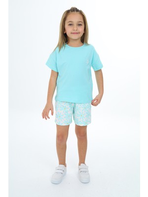 Toontoy Kız Çocuk 2'li Takım Baskılı Bisiklet Yaka T-Shirt & Beli Lastikli Şort