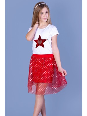Toontoy Kız Çocuk 2'li Takım Baskılı Bisiklet Yaka T-Shirt & Astarlı Tül Etek
