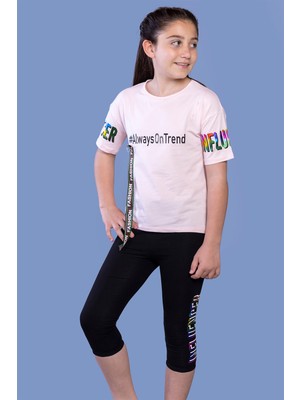 Toontoy Kız Çocuk 2'li Takım Baskılı Bisiklet Yaka T-Shirt & Basic Düz Crop Tayt & Şerit Detaylı