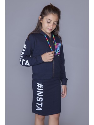 Toontoy Kız Çocuk 2'li Takım Baskılı Kapüşonlu Fermuarlı Sweatshirt & Cepli Basic Kalem Etek