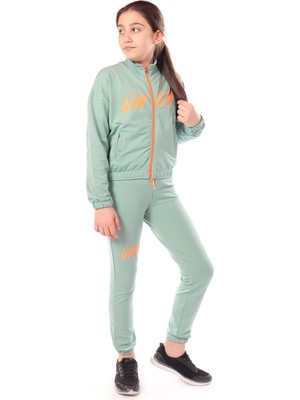 Toontoy Kız Çocuk 2'li Takım Baskılı Dik Yaka Fermuarlı Sweatshirt & Beli Paçası Lastikli Jogger Eşofman Altı - 2 Iplik