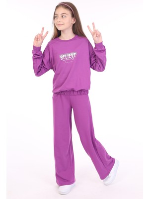 Toontoy Kız Çocuk 2'li Takım Baskılı Bisiklet Yaka Sweatshirt & Beli Lastikli Bol Paça Eşofman Altı - 2 Iplik