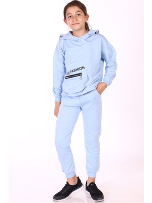 Toontoy Kız Çocuk 2'li Takım Baskılı Kapüşonlu Torba Cepli Asimetrik Sweatshirt & Beli Paçası Lastikli Cepli Jogger Eşofman Altı - 2 Ipilk