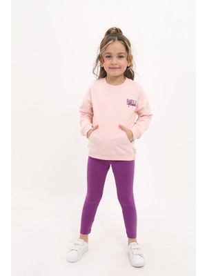 Toontoy Kız Çocuk 2'li Takım Baskılı Bisiklet Yaka Düşük Omuz Sweatshirt & Basic Düz Tayt - TK23096