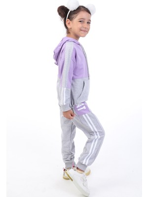 Toontoy Kız Çocuk 2'li Takım Kapüşonlu Cepli Sweatshirt & Beli Paçası Lastikli Jogger Eşofman Altı - Renk Bloklu & Bant Detaylı & 2 Iplik