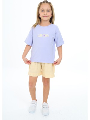 Toontoy Kız Çocuk 2'li Takım Baskılı Bisiklet Yaka T-Shirt & Beli Lastikli Şort
