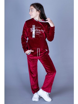 Toontoy Kız Çocuk 2'li Kadife Takım Baskılı Kapüşonlu Sweatshirt & Beli Lastikli Cepli Eşofman Altı - Şerit Detaylı