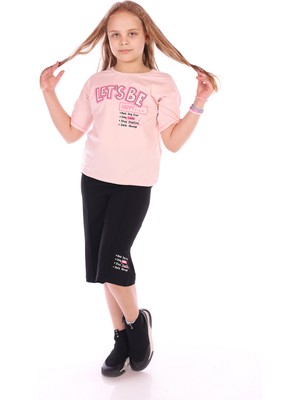 Toontoy Kız Çocuk 2'li Takım Baskılı Bisiklet Yaka T-Shirt & Beli Lastikli Kapri Şort