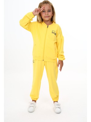 Toontoy Kız Çocuk 2'li Takım Baskılı Kolej Yaka Fermuarlı Cepli Sweatshirt & Beli Paçası Lastikli Cepli Jogger Eşofman Altı -TK24219