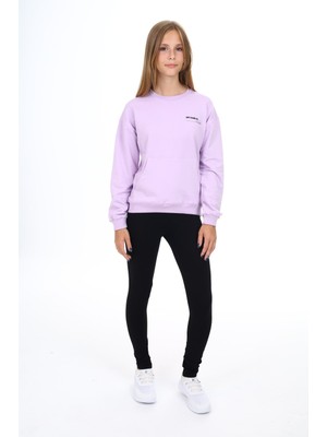 Toontoy Kız Çocuk 2'li Takım Baskılı Bisiklet Yaka Düşük Omuz Cepli Sweatshirt & Basic Düz Tayt