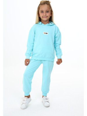 Toontoy Kız Çocuk 2'li Takım Baskılı Kapüşonlu Sweatshirt & Beli Paçası Lastikli Jogger Eşofman Altı - Garni Detaylı & 2 Iplik