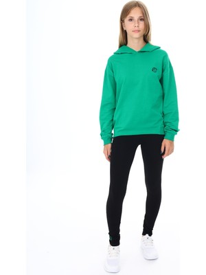 Toontoy Kız Çocuk 2'li Takım Baskılı Kapüşonlu Düşük Omuz Sweatshirt & Basic Düz Tayt