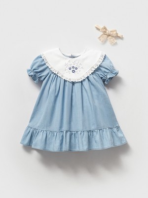 Noynoy Bebek Kız Bebek Nakış Işlemeli Dantel Yaka Denim Kot Elbise - Mavi 9-36 Ay