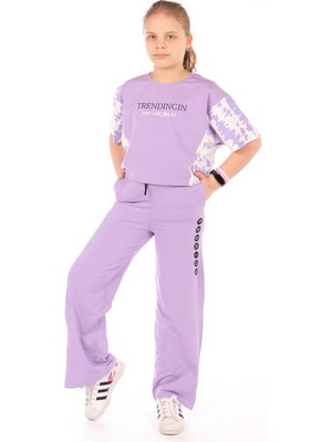 Toontoy Kız Çocuk 2'li Takım Baskılı Kısa Kollu Sweatshirt & Beli Lastikli Yırtmaçlı Bol Paça Eşofman Altı - 30/1 Penye