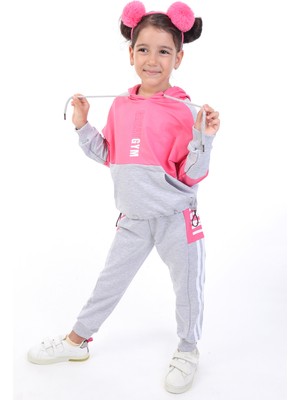 Toontoy Kız Çocuk 2'li Takım Kapüşonlu Cepli Sweatshirt & Beli Paçası Lastikli Jogger Eşofman Altı - Renk Bloklu & Bant Detaylı & 2 Iplik