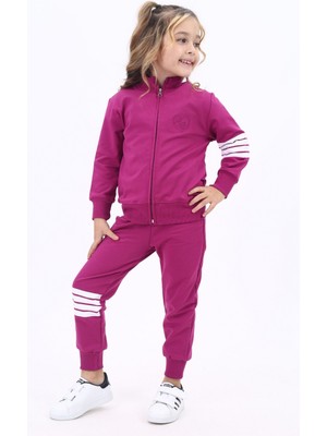 Toontoy Kız Çocuk 2'li Takım Nakış Baskılı Dik Yaka Fermuarlı Sweatshirt & Beli Paçası Lastikli Ribanalı Jogger Eşofman Altı - Bant Detaylı & 2 Iplik