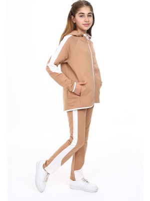 Toontoy Kız Çocuk 2'li Takım Baskılı Kapüşonlu Fermuarlı Cepli Sweatshirt & Beli Paçası Lastikli Jogger Eşofman Altı - Bant Detaylı & 2 Iplik