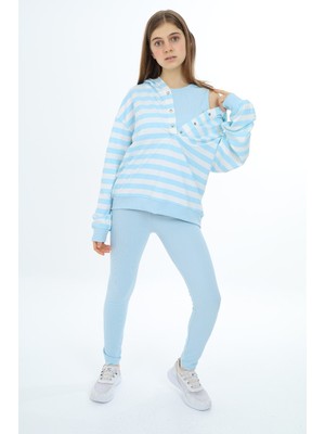 Toontoy Kız Çocuk 2'li Takım Çizgili Kapüşonlu Düşük Omuz Çıtçıtlı Sweatshirt & Basic Düz Tayt