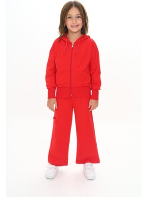 Toontoy Kız Çocuk 2'li Takım Kapüşonlu Fermuarlı Sweatshirt & Beli Lastikli Bol Paça Cepli Eşofman Altı - 2 Iplik