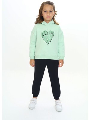 Toontoy Kız Çocuk 2'li Takım Baskılı Kapüşonlu Sweatshirt & Beli Paçası Lastikli Jogger Eşofman Altı - Renk Bloklu & 3 Iplik Şardonlu