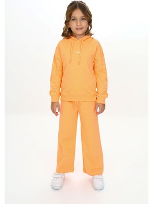Toontoy Kız Çocuk 2'li Takım Kolu Baskılı Kapüşonlu Yırtmaçlı Sweatshirt & Beli Lastikli Bol Paça Eşofman Altı - 2 Iplik