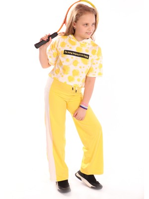 Toontoy Kız Çocuk 2'li Takım Baskılı Kısa Kollu Kapüşonlu Sweatshirt & Beli Lastikli Yanı Bantlı Bol Paça Eşofman Altı - 30/1 Penye
