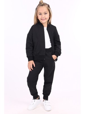 Toontoy Kız Çocuk 2'li Takım Kolej Yaka Fermuarlı Cepli Sweatshirt & Beli Paçası Ribanalı Cepli Jogger Eşofman Altı - 2 Iplik