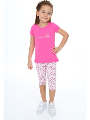 Toontoy Kız Çocuk 2'li Takım Baskılı Bisiklet Yaka T-Shirt & Beli Lastikli Crop Tayt