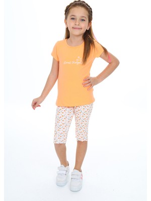 Toontoy Kız Çocuk 2'li Takım Baskılı Bisiklet Yaka T-Shirt & Beli Lastikli Crop Tayt