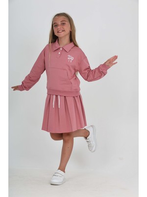 Toontoy Kız Çocuk 2'li Takım Baskılı Polo Yaka Çıtçıtlı Düşük Omuz Cepli Sweatshirt & Bağcıklı Pileli Etek