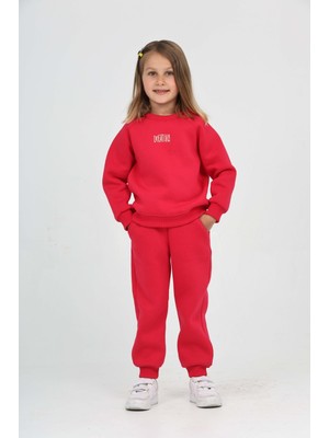 Toontoy Kız Çocuk 2'li Takım Bisiklet Yaka Sweatshirt & Beli Paçası Lastikli Cepli Jogger Eşofman Altı - 3 Iplik Şardonlu