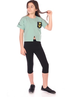 Toontoy Kız Çocuk 2'li Takım Baskılı Bisiklet Yaka T-Shirt & Beli Lastikli Crop Tayt - Yırtmaç Detaylı