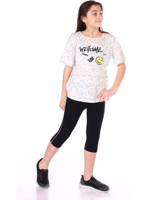 Toontoy Kız Çocuk 2'li Takım Baskılı Yuvarlak Yaka T-Shirt & Beli Lastikli Crop Tayt