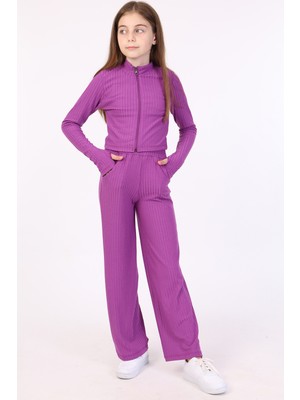 Toontoy Kız Çocuk 3'lü Takım Dik Yaka Fermuarlı Sweatshirt & Bisiklet Yaka Atlet & Beli Lastikli Bol Paça Eşofman Altı - Fitilli