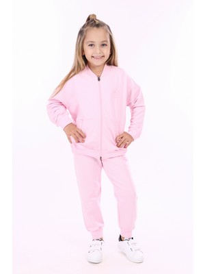 Toontoy Kız Çocuk 2'li Takım Kolej Yaka Fermuarlı Cepli Sweatshirt & Beli Paçası Ribanalı Cepli Jogger Eşofman Altı - 2 Iplik