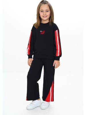Toontoy Kız Çocuk 2'li Takım Baskılı Kolej Yaka Fermuarlı Reglan Kol Sweatshirt & Beli Paçası Ribanalı Jogger Eşofman Altı - 2 Iplik