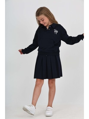 Toontoy Kız Çocuk 2'li Takım Baskılı Polo Yaka Çıtçıtlı Düşük Omuz Cepli Sweatshirt & Bağcıklı Pileli Etek