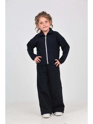 Toontoy Kız Çocuk 2'li Takım Gömlek Yaka Fermuarlı Cepli Sweatshirt & Beli Lastikli Bol Paça Eşofman Altı - Dokuma Şanel Tuvit Chanel