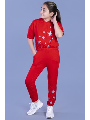 Toontoy Kız Çocuk 2'li Takım Baskılı Kısa Kollu Kapüşonlu Sweatshirt & Beli Paçası Lastikli Cepli Jogger Eşofman Altı - TK11242