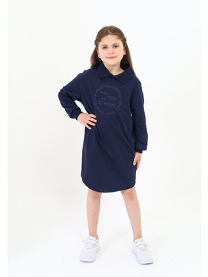 Toontoy Kız Çocuk Baskılı Oversize Polo Yaka Uzun Kollu Elbise