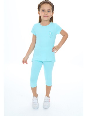 Toontoy Kız Çocuk 2'li Takım Baskılı Bisiklet Yaka T-Shirt & Beli Lastikli Crop Tayt