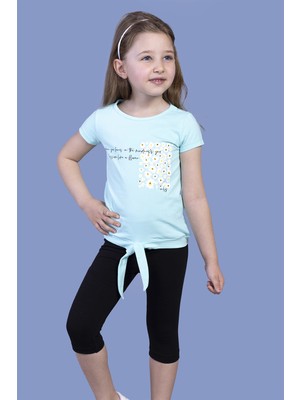 Toontoy Kız Çocuk 2'li Takım Baskılı Bisiklet Yaka T-Shirt & Basic Düz Crop Tayt - Bağcıklı